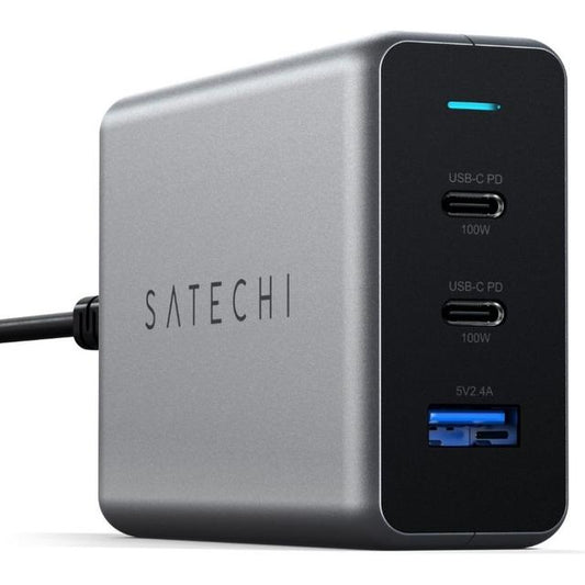 شاحن منزلي صغير الحجم من ساتيتشي بتقنية GaN ومنفذ USB-C PD (100 واط) مزود بمنفذي USB-C ومنفذ USB 3.0 - رمادي فلكي
