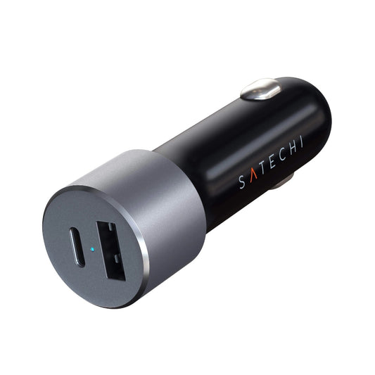شاحن سيارة ثنائي المنافذ من SATECHI بقوة 72 واط بتقنية الشحن السريع (USB-C + USB-A) - رمادي فلكي