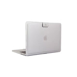 Clear protective laptop case on MacBook with raised edges and logo clip