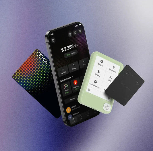 Ledger hardware wallet with a touchscreen next to a smartphone running the Ledger Wallet app, with two Ledger cards