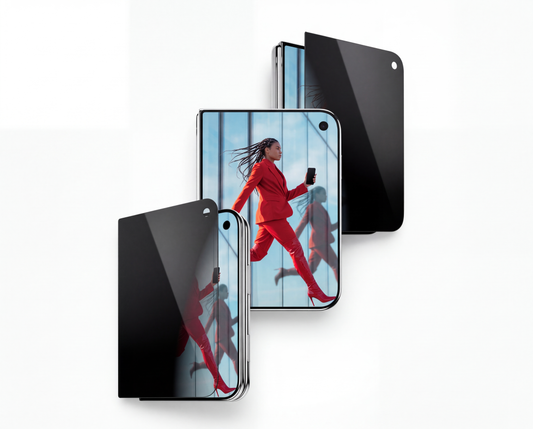 PanzerGlass 2-Way Privacy Front Screen Protector for iPhone Duo, shown with dark privacy-tinted screens beside a folded iPhone Duo