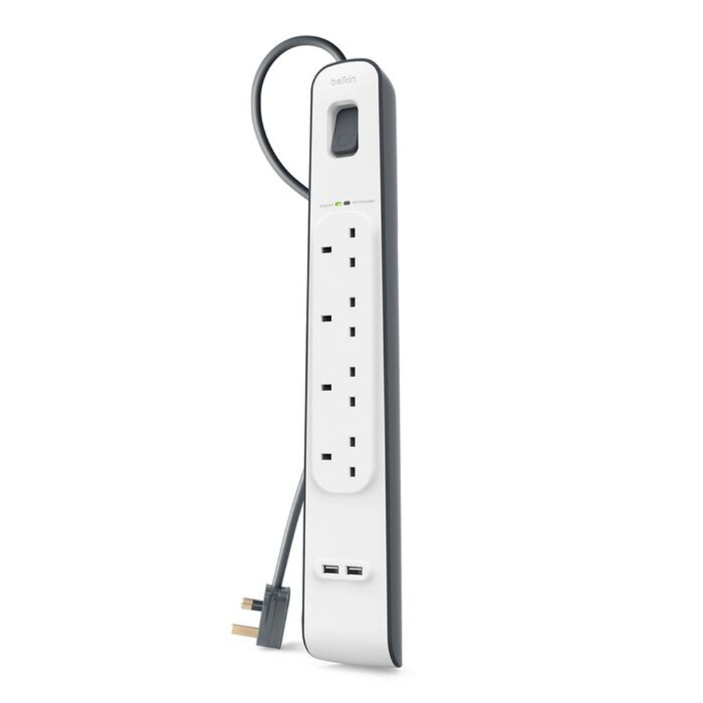 BELKIN 4-outlet Surge Protection Strip (2M)| Protective Power Extension Cord Up to 525 Joules, Anti-Power Spikes & Voltage Fluctuations, 2x 2.4 Amp USB-A Charging
