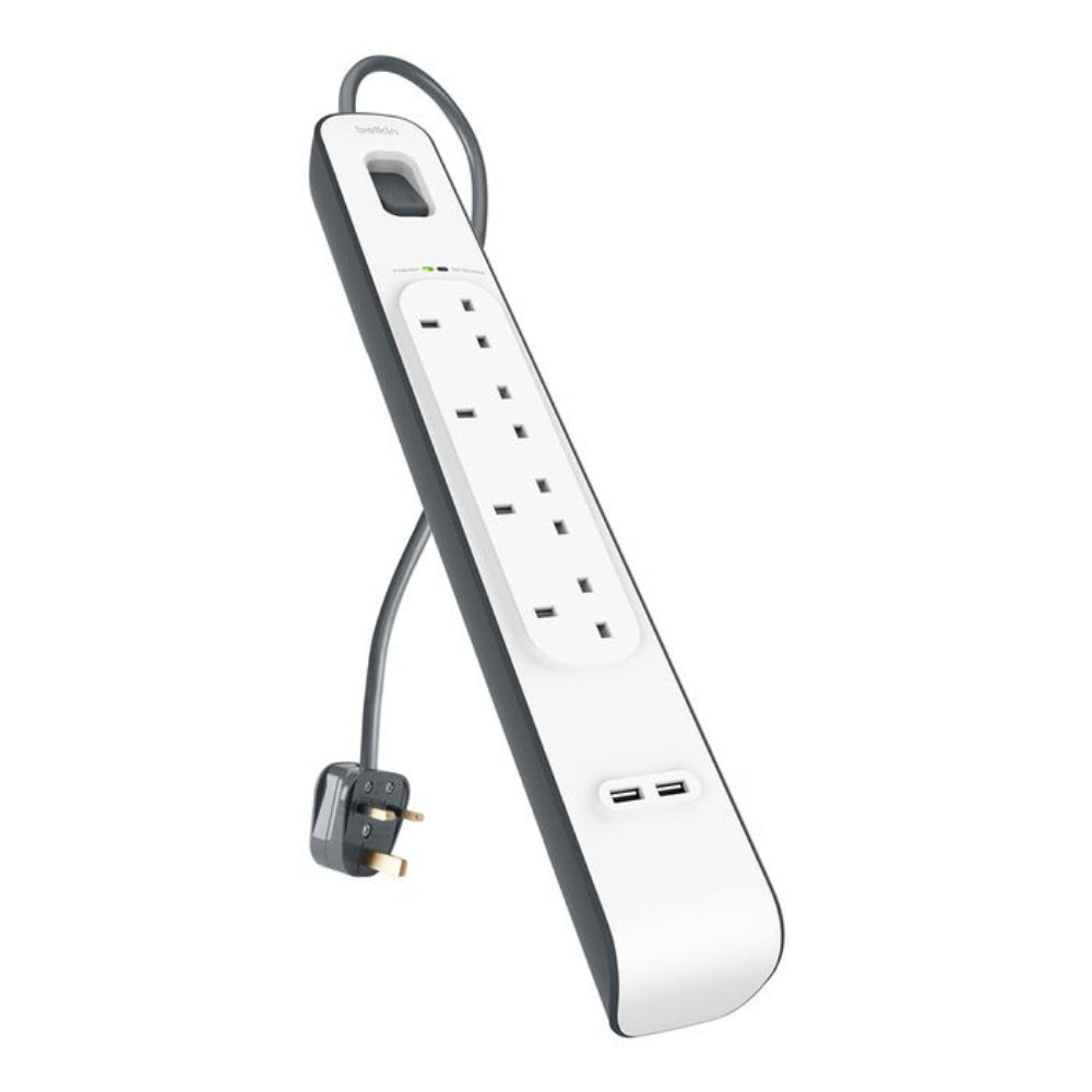 BELKIN 4-outlet Surge Protection Strip (2M)| Protective Power Extension Cord Up to 525 Joules, Anti-Power Spikes & Voltage Fluctuations, 2x 2.4 Amp USB-A Charging