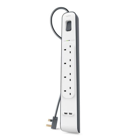 شريط حماية من زيادة التيار الكهربائي من بيلكين - 4 منافذ - بطول 2 متر مع منفذي شحن USB بقوة 2.4 أمبير 