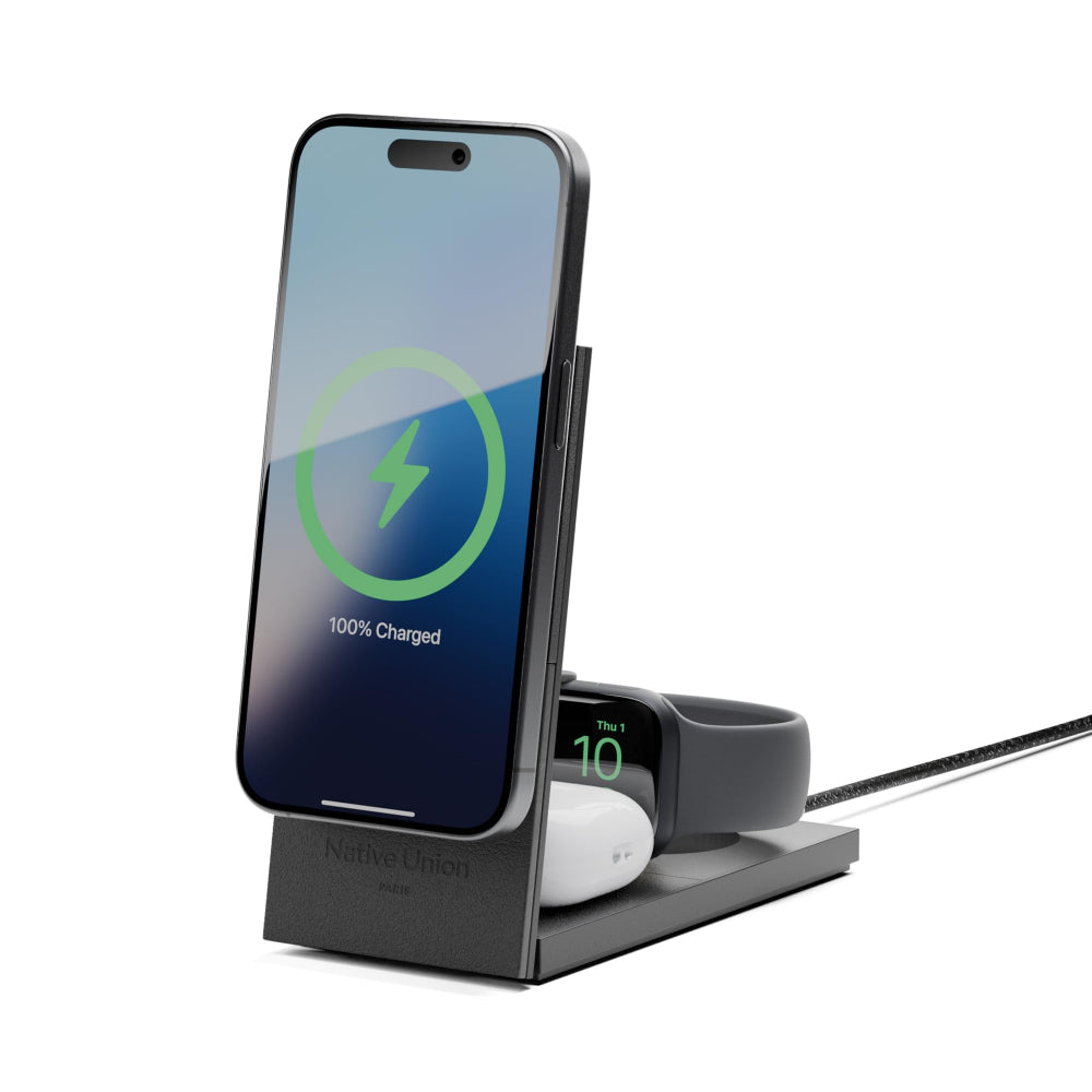 Native Union Rise 3-in-1 Magnetic Wireless Charger| Fast 15W Qi2, Premium Foldable Charging Stand, for Apple iPhone 16/15/14/13/12 Pro/Pro Max/Plus, Apple Watch All Series, Airpods - Black