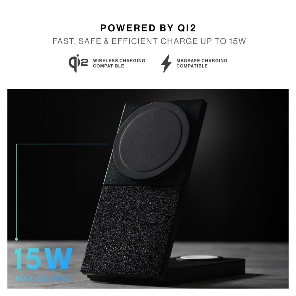 Native Union Rise 3-in-1 Magnetic Wireless Charger| Fast 15W Qi2, Premium Foldable Charging Stand, for Apple iPhone 16/15/14/13/12 Pro/Pro Max/Plus, Apple Watch All Series, Airpods - Black