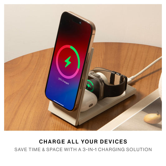 Native Union Rise 3-in-1 Magnetic Wireless Charger| Fast 15W Qi2, Premium Foldable Charging Stand, for Apple iPhone 16/15/14/13/12 Pro/Pro Max/Plus, Apple Watch All Series, Airpods - Sandstone