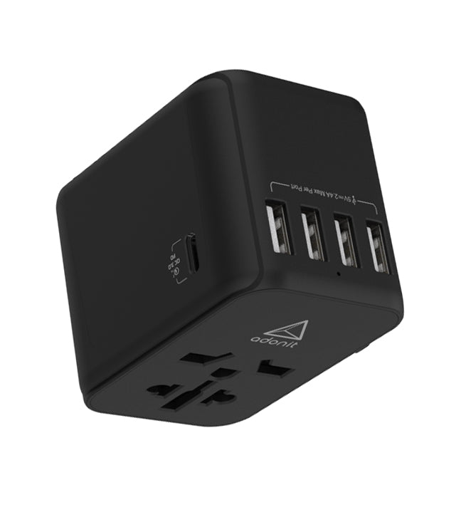 محول سفر عالمي من أدونيت 4A1C - شاحن جداري دولي بتقنية الشحن السريع 30 واط (4 منافذ USB-A + منفذ USB-C واحد) - أسود