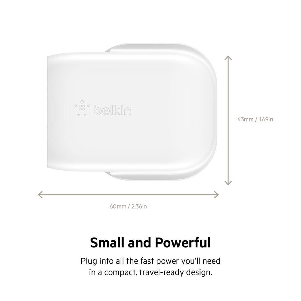 BELKIN BoostCharge Wall Charger 30W PD 3.0 PPS with USB-C to USB-C Cable| Slim, Portable, LightWeight, Fast Charging for Apple iPhone 16/15 Series, iPads, Samsung Phones, Tablets - White