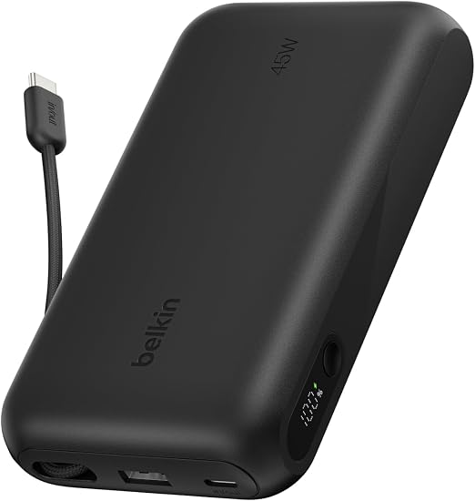 Belkin BoostCharge Power Bank 20K with Display | 45W PD Fast Charging, Integrated USB-C Cable, Digital Battery Display, For Laptops, Tablets & Smartphones, Black