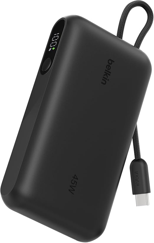 Belkin BoostCharge Power Bank 10K with Display | 45W PD Fast Charging, Integrated USB-C Cable, Digital Battery Display, For Tablets & Smartphones, Black