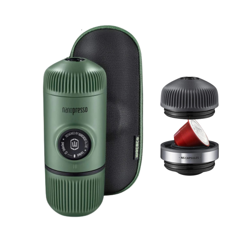 WACACO Bundle Elements Nanopresso Portable Espresso Maker with Protective Case (Manually Powered) - Moss Green + NS Adapter