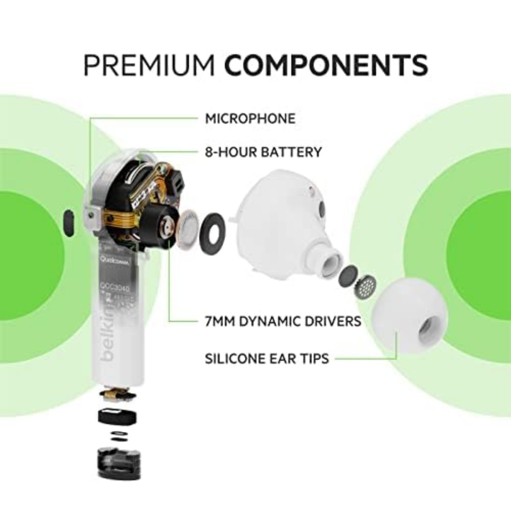 Belkin FREEDOM True Wireless Earbuds - Bluetooth Earphone Works w/ Apple Find My, 36 Hrs  Battery Life, Powerful Bass, Advanced Noise Reduction, for iPhone 12/11 Pro/XS Max/Samsung/Huawei - White