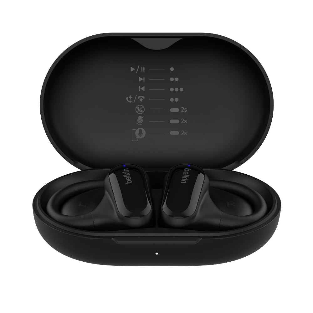 BELKIN SoundForm ClearFit Open-Ear Wireless Earbuds| Bluetooth Headphones w/ Sound Awareness, for Sports, Outdoor Activities, WorkOuts, Clear Calls and Music, for iOS & Android - Black