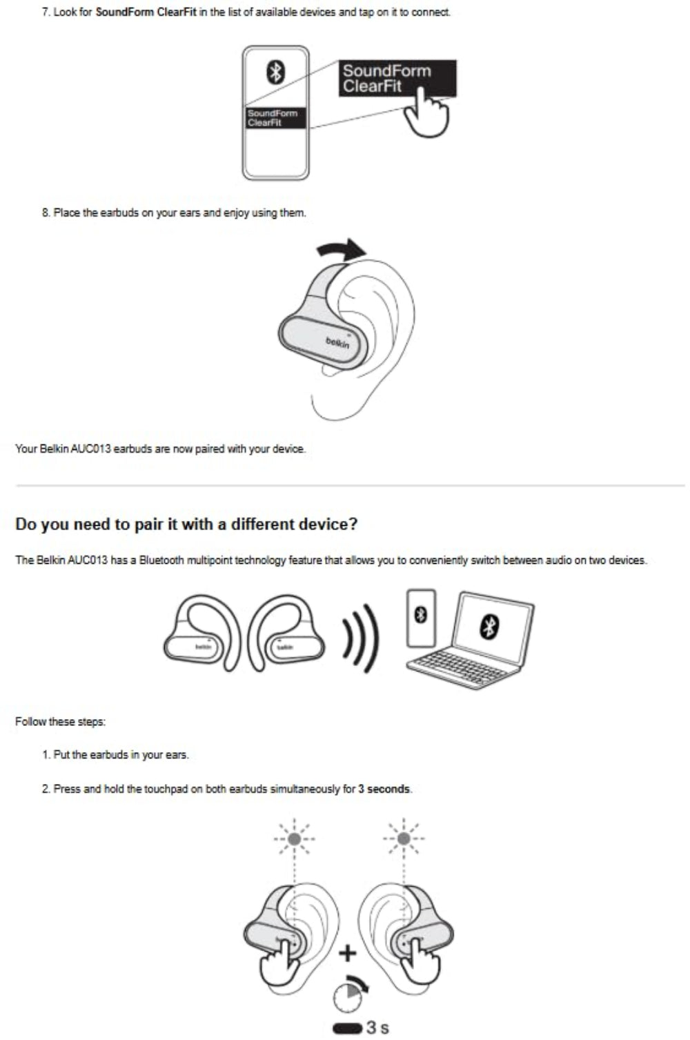 BELKIN SoundForm ClearFit Open-Ear Wireless Earbuds| Bluetooth Headphones w/ Sound Awareness, for Sports, Outdoor Activities, WorkOuts, Clear Calls and Music, for iOS & Android - Black