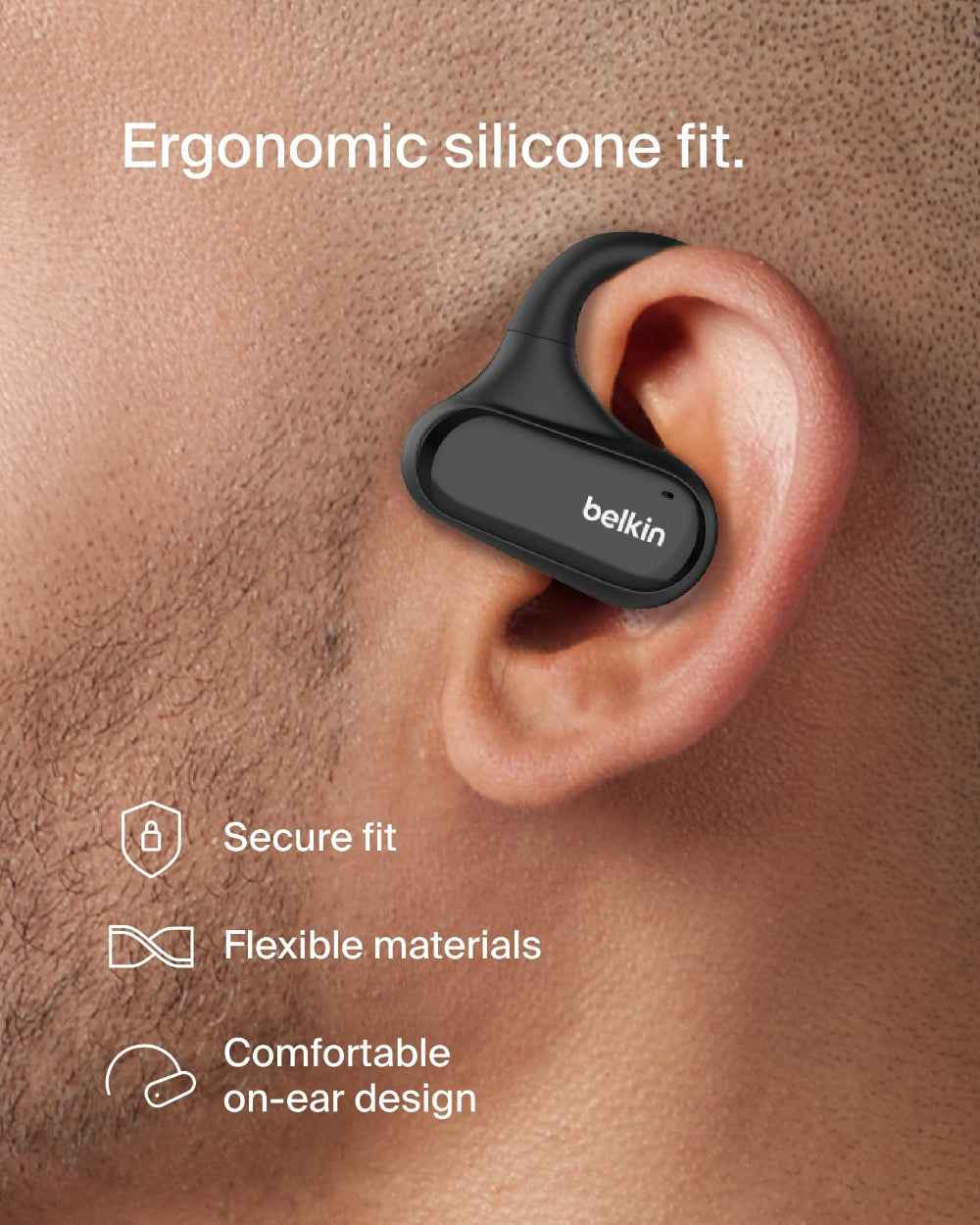 BELKIN SoundForm ClearFit Open-Ear Wireless Earbuds| Bluetooth Headphones w/ Sound Awareness, for Sports, Outdoor Activities, WorkOuts, Clear Calls and Music, for iOS & Android - Black