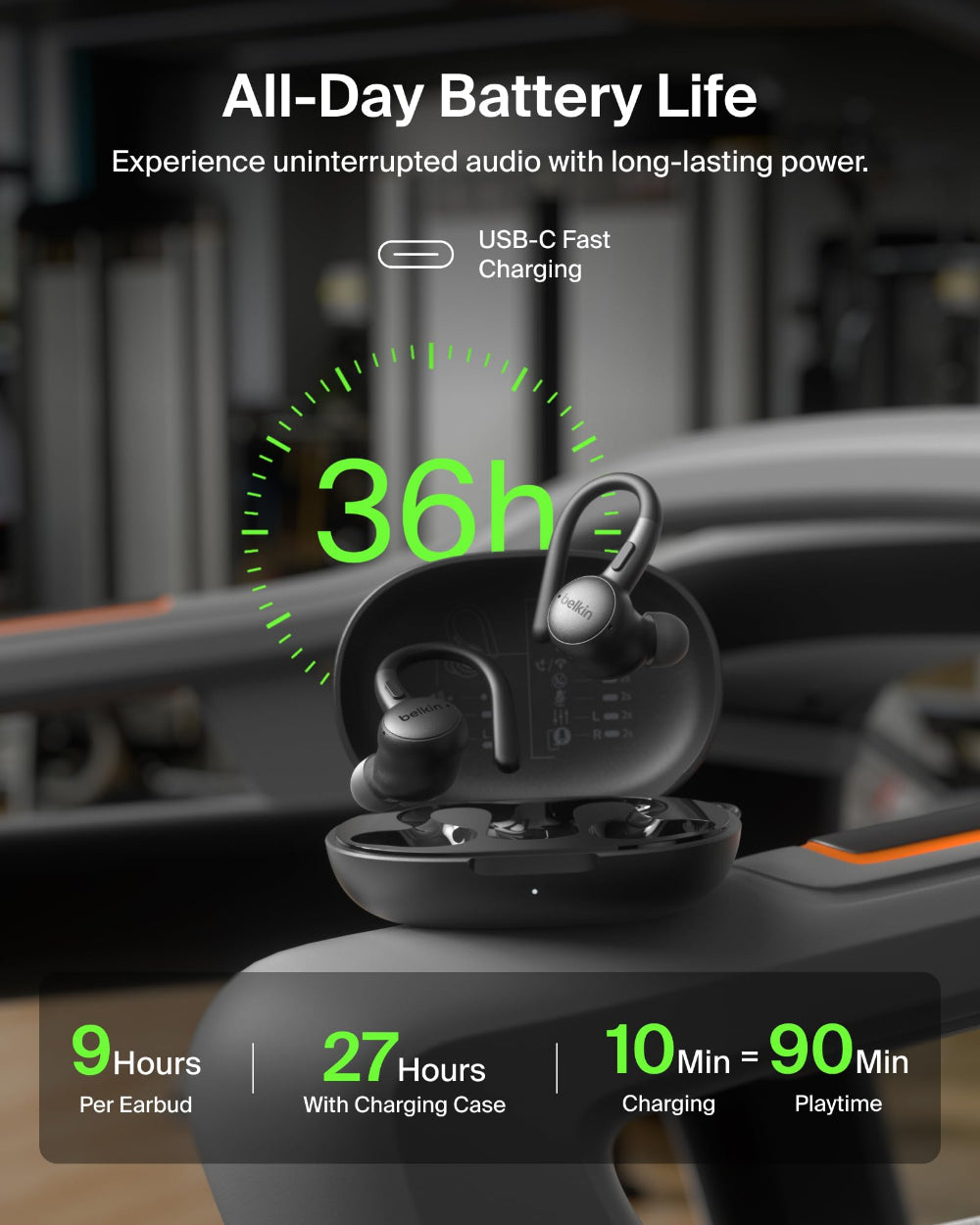 Belkin SoundForm ActiveFit True Wireless Earbuds, Secure Silicone Ear Hooks, 36-Hour Battery, IP54 Dust & Water Resistance, Hear-Thru Mode, Black
