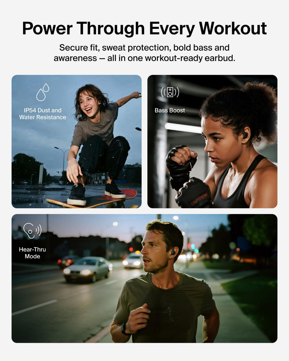 Belkin SoundForm ActiveFit True Wireless Earbuds, Secure Silicone Ear Hooks, 36-Hour Battery, IP54 Dust & Water Resistance, Hear-Thru Mode, Black