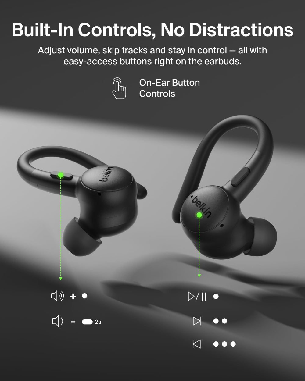Belkin SoundForm ActiveFit True Wireless Earbuds, Secure Silicone Ear Hooks, 36-Hour Battery, IP54 Dust & Water Resistance, Hear-Thru Mode, Black