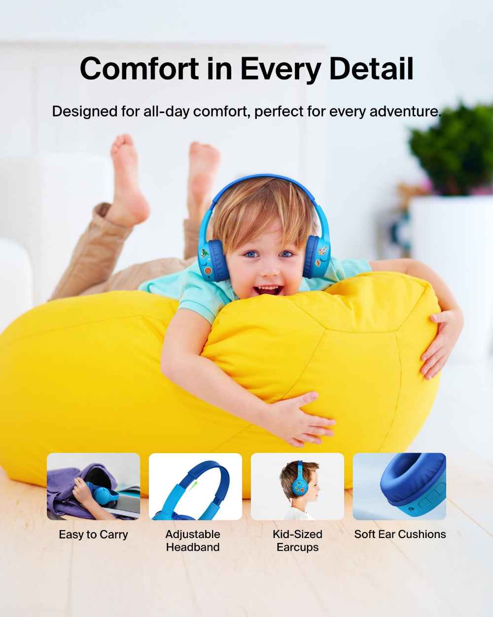 Belkin SoundForm Mini Wireless On-Ear Headphones for Kids| Safe Volume Limited, Up to 30Hrs Bluetooth Connection, Bulit-in Music & Call Controls w/ Mic, USB-C Charging, Blue