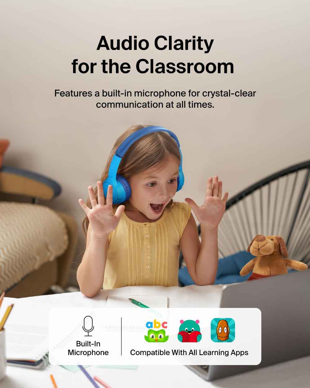 Belkin SoundForm Mini Wireless On-Ear Headphones for Kids| Safe Volume Limited, Up to 30Hrs Bluetooth Connection, Bulit-in Music & Call Controls w/ Mic, USB-C Charging, Blue