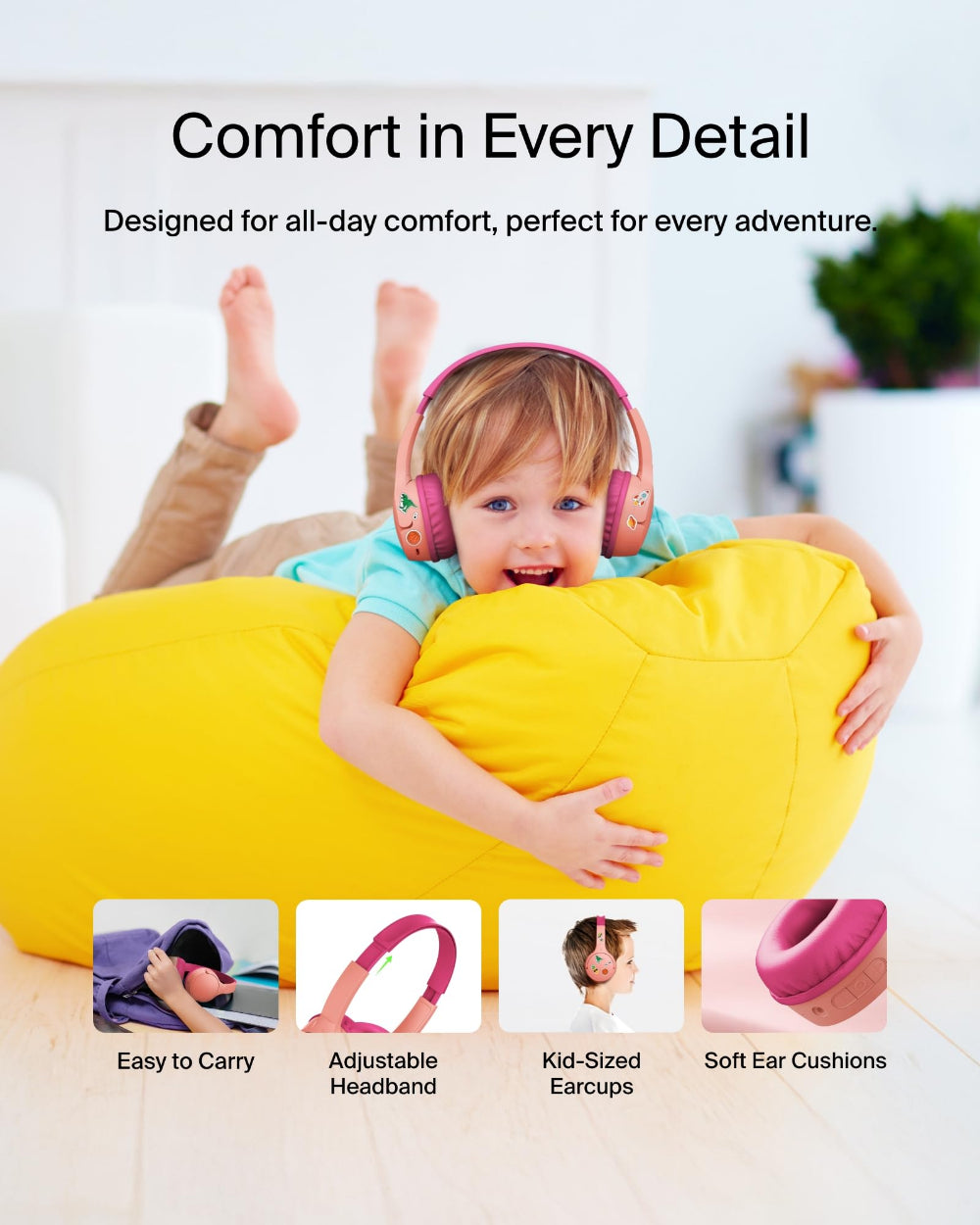 Belkin SoundForm Mini Wireless Kids Headphones, 85dB Volume Limit, Bluetooth, Built-In Microphone, 30-Hour Battery Life, USB-C Charging, Pink