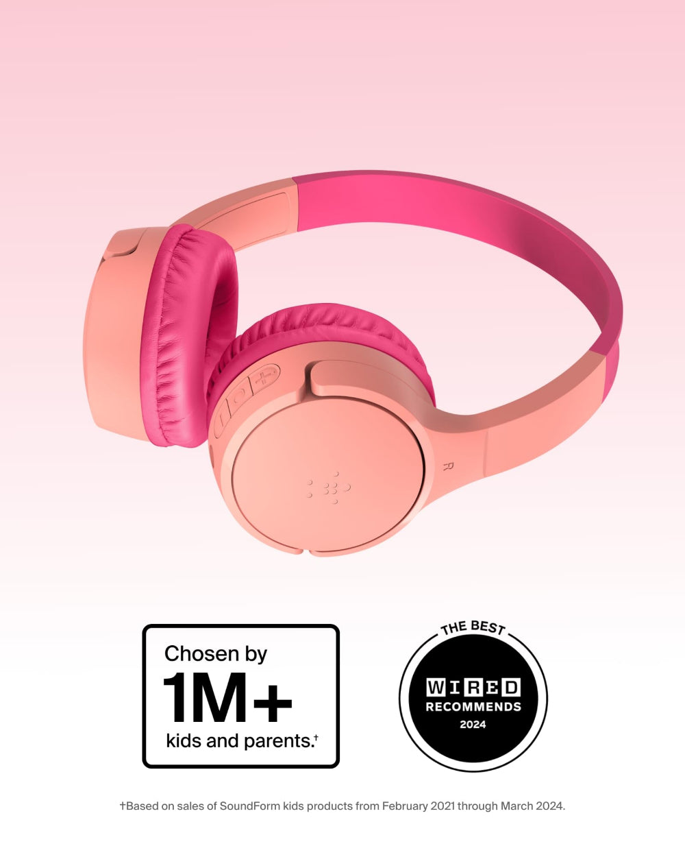 Belkin SoundForm Mini Wireless Kids Headphones, 85dB Volume Limit, Bluetooth, Built-In Microphone, 30-Hour Battery Life, USB-C Charging, Pink
