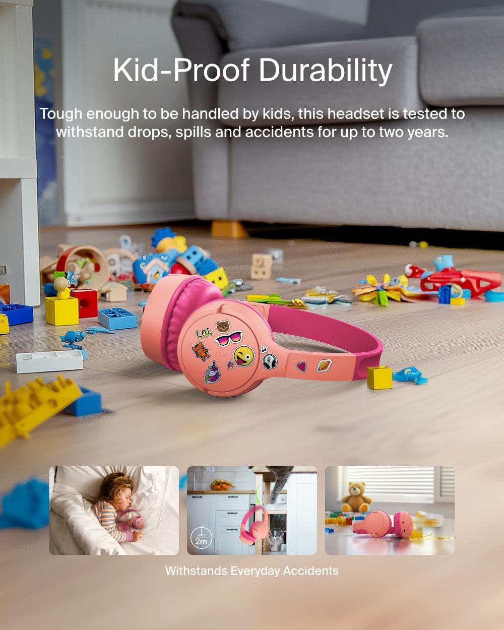 Belkin SoundForm Mini Wireless Kids Headphones, 85dB Volume Limit, Bluetooth, Built-In Microphone, 30-Hour Battery Life, USB-C Charging, Pink