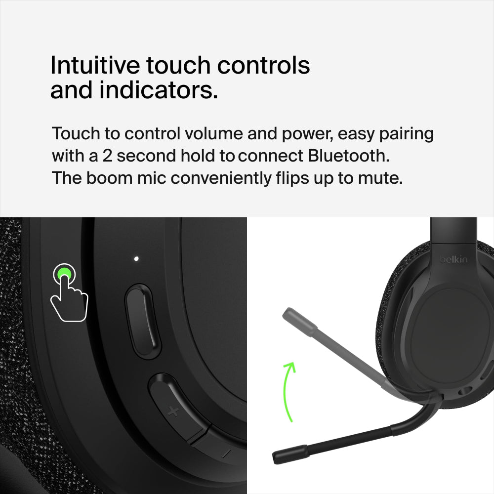 Belkin SoundForm Adapt Wireless Over-Ear Bluetooth Headset| 65Hrs Playtime, On-Board Controls, Flip-to-Mute Boom Mic, Stylish w/ Great Sound, USB-C port Fast Charging, Wired or Wireless Use - Black