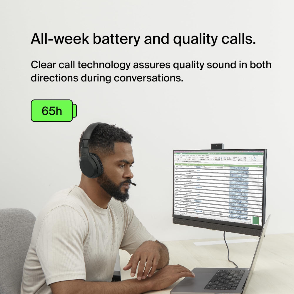 Belkin SoundForm Adapt Wireless Over-Ear Bluetooth Headset| 65Hrs Playtime, On-Board Controls, Flip-to-Mute Boom Mic, Stylish w/ Great Sound, USB-C port Fast Charging, Wired or Wireless Use - Black