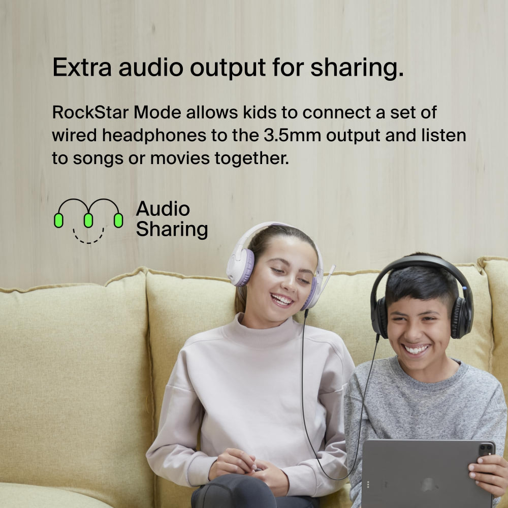 Belkin SoundForm Inspire Kids Over Ear Bluetooth Headset| Volume Safe 85dB, 35Hrs Playtime, USB-C Fast Charging, Wired/Wireless Use, for Music & On-Line Class, works w/ Apple, Samsung, HP - Black