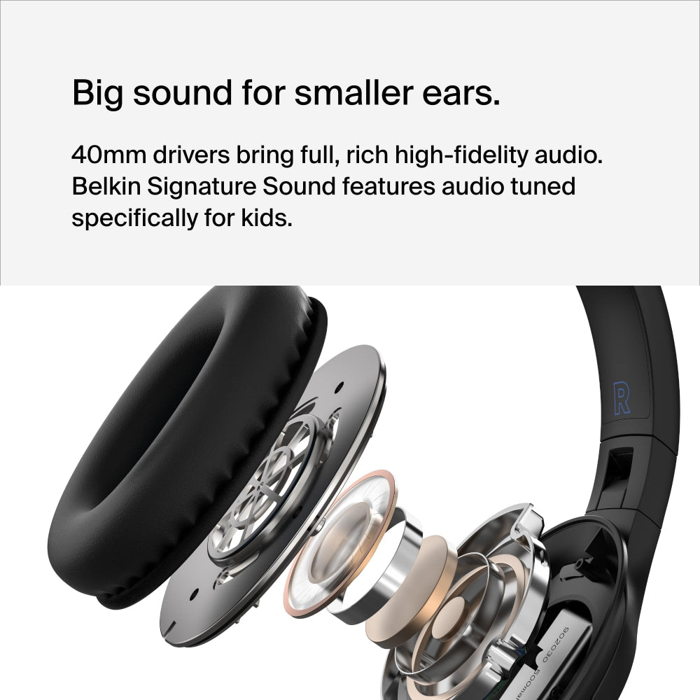 Belkin SoundForm Inspire Kids Over Ear Bluetooth Headset| Volume Safe 85dB, 35Hrs Playtime, USB-C Fast Charging, Wired/Wireless Use, for Music & On-Line Class, works w/ Apple, Samsung, HP - Black
