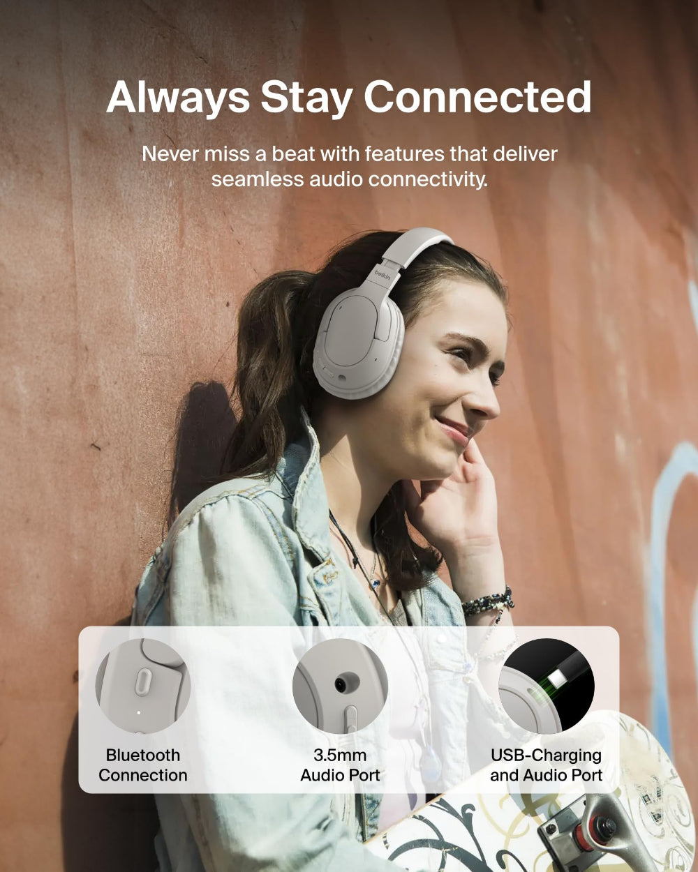 Belkin SOUNDFORM SURROUND| OverEar Wireless Headphone, High Audio & Call Quality, Bluetooth 5.4, 60Hrs Battery Life, USB-C Fast Charging, Multi-Point, Comfortable, Adjustable, Foldable - Sand