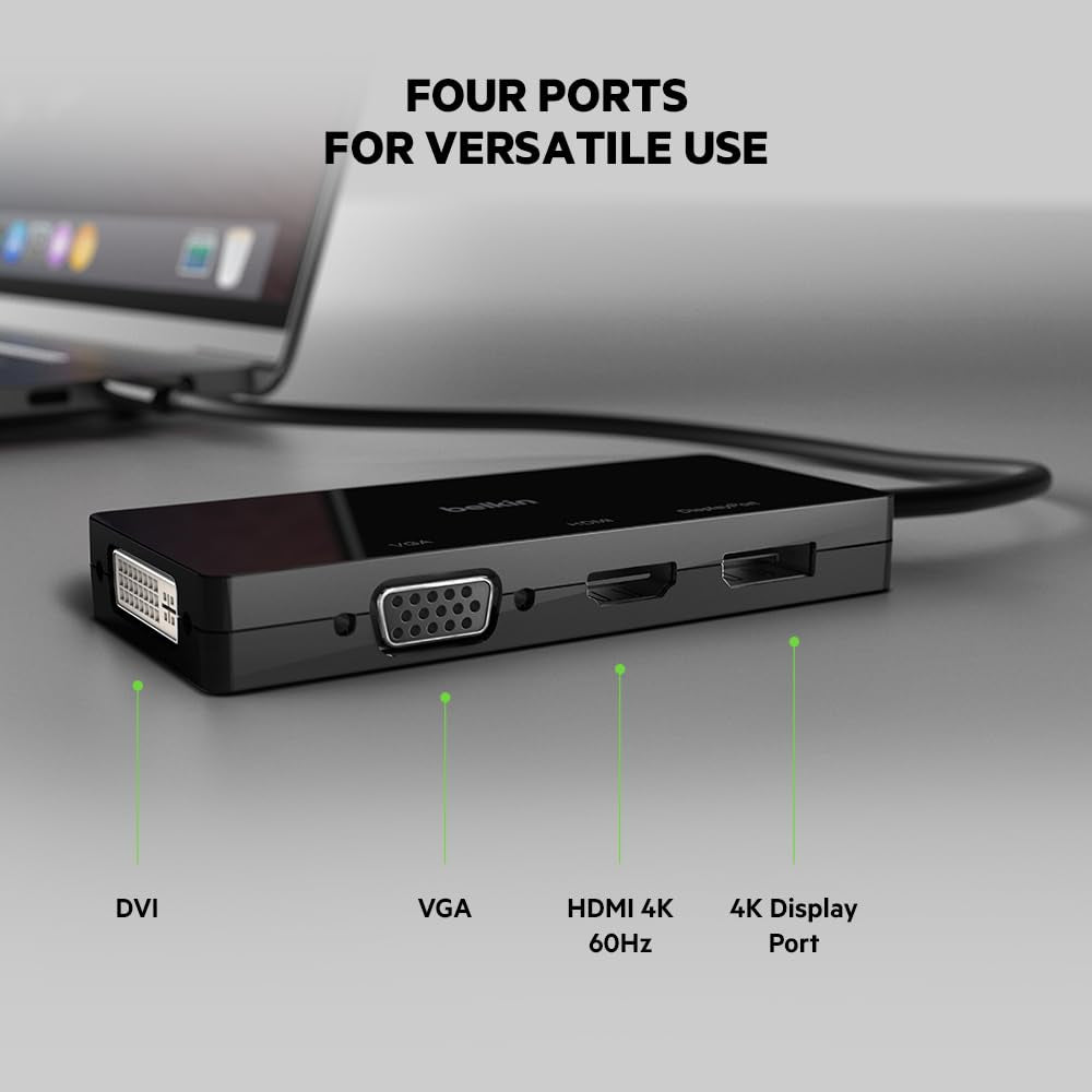 محول BELKIN من USB-C إلى HDMI وVGA وUSB-A وGigabit Ethernet وUSB-C PD (للنقل والشحن) - أسود