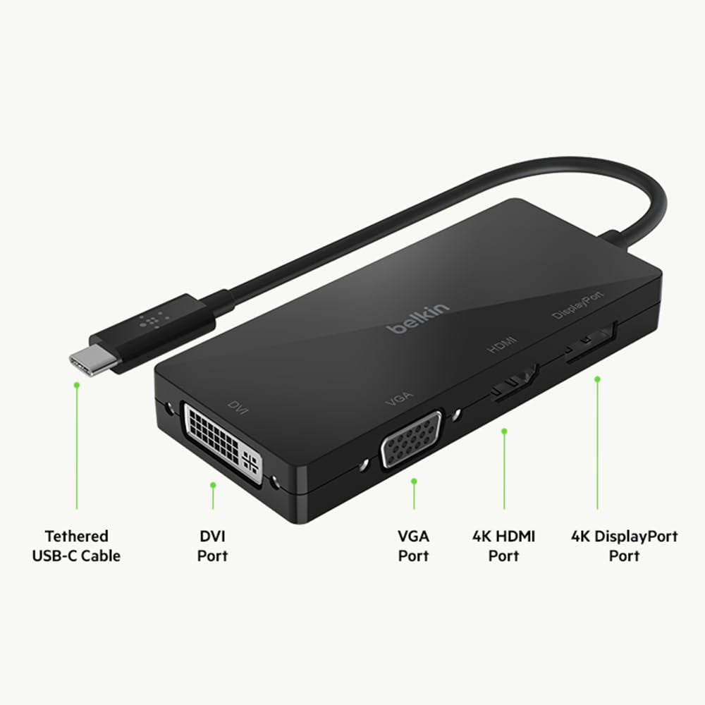 محول BELKIN من USB-C إلى HDMI وVGA وUSB-A وGigabit Ethernet وUSB-C PD (للنقل والشحن) - أسود