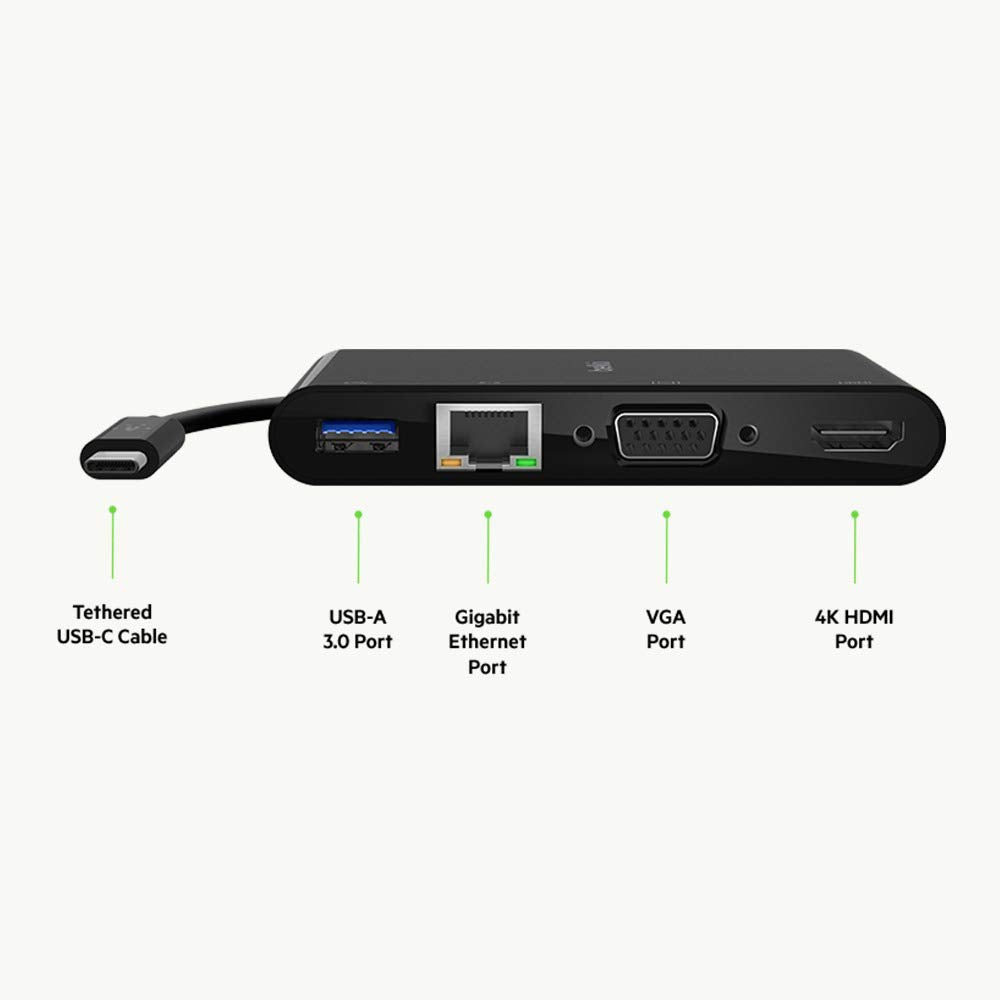 Belkin - USB-C to HDMI, VGA, USB-A and Gigabit Ethernet - Black