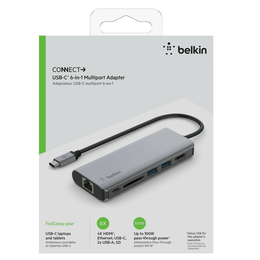 [OPEN BOX] BELKIN Connect USB-C 6-in-1 Multiport Hub - HDMI 4K, Ethernet Port, SD Card Slot, 100W USB-C PD 3.0, 2x USB-A 3.0, 5 Gbps Bandwidth - Gray