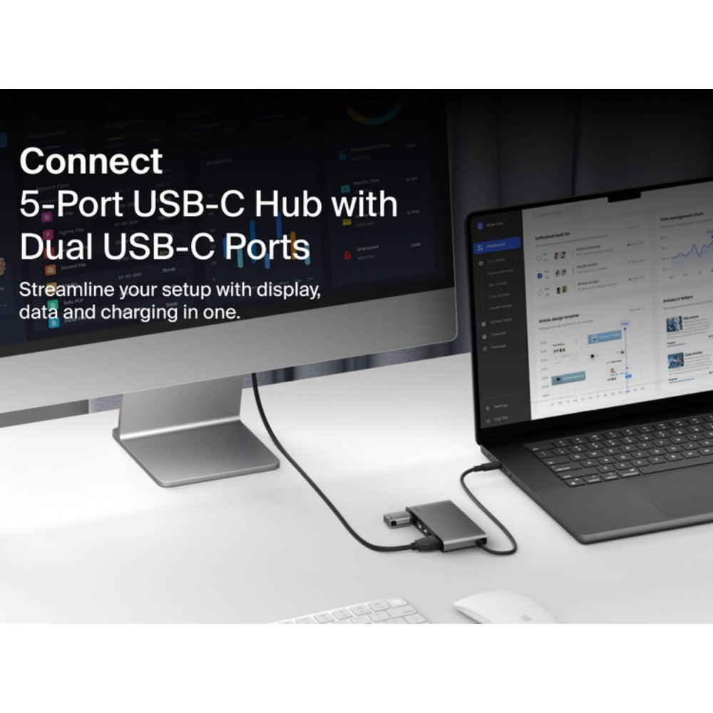 Belkin USB C Hub, 5-Port Hub w/ 4K HDMI Display @ 60Hz, 100W Power Delivery, Fast Data Transfer 5Gbps, USB C Multiport Adapter for MacBook, iPad Pro, Chromebook, & More - Upgraded HDMI 2.0 - Grey