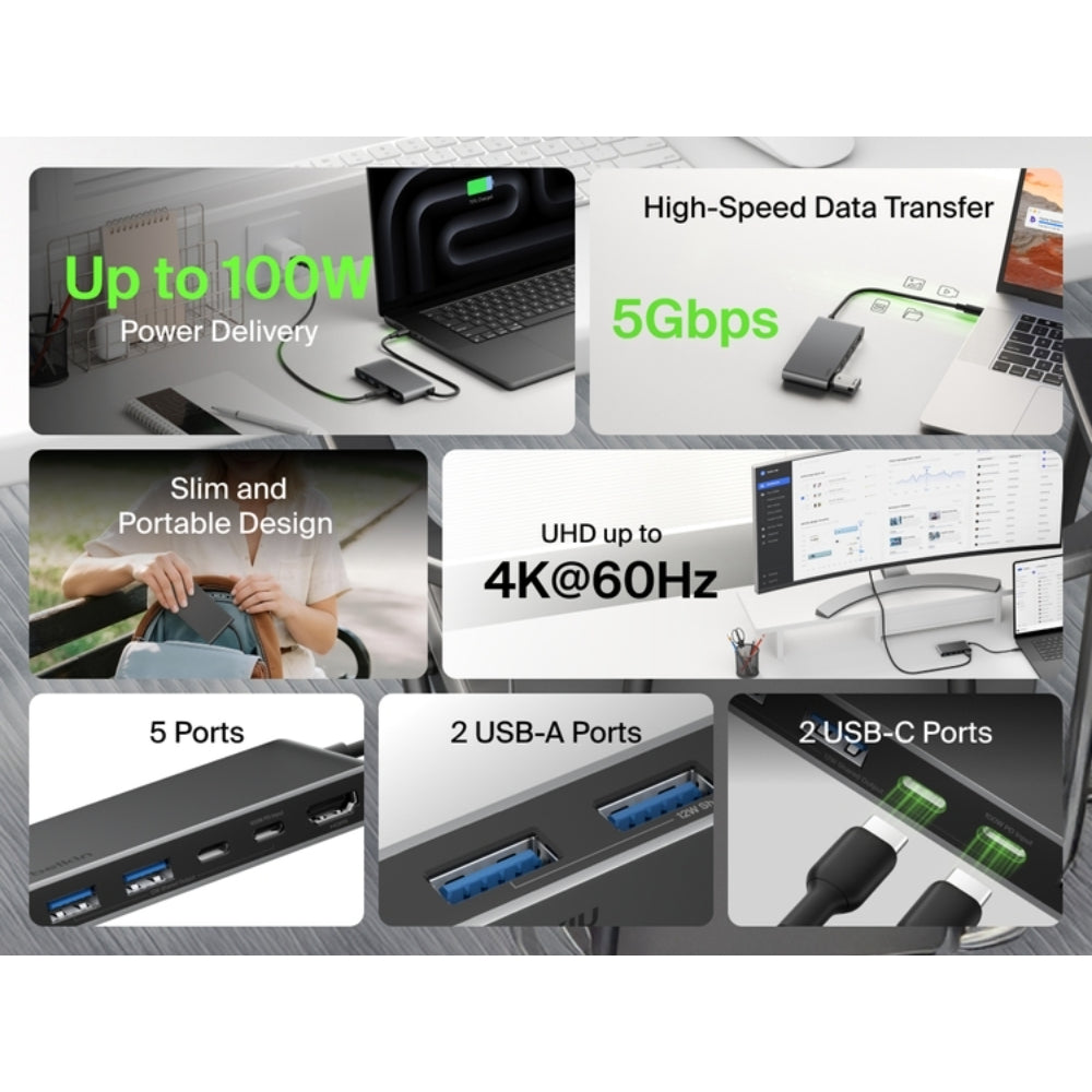 Belkin USB C Hub, 5-Port Hub w/ 4K HDMI Display @ 60Hz, 100W Power Delivery, Fast Data Transfer 5Gbps, USB C Multiport Adapter for MacBook, iPad Pro, Chromebook, & More - Upgraded HDMI 2.0 - Grey