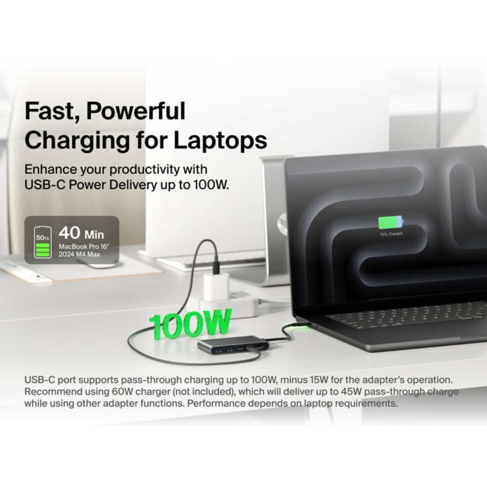 Belkin USB C Hub, 5-Port Hub w/ 4K HDMI Display @ 60Hz, 100W Power Delivery, Fast Data Transfer 5Gbps, USB C Multiport Adapter for MacBook, iPad Pro, Chromebook, & More - Upgraded HDMI 2.0 - Grey