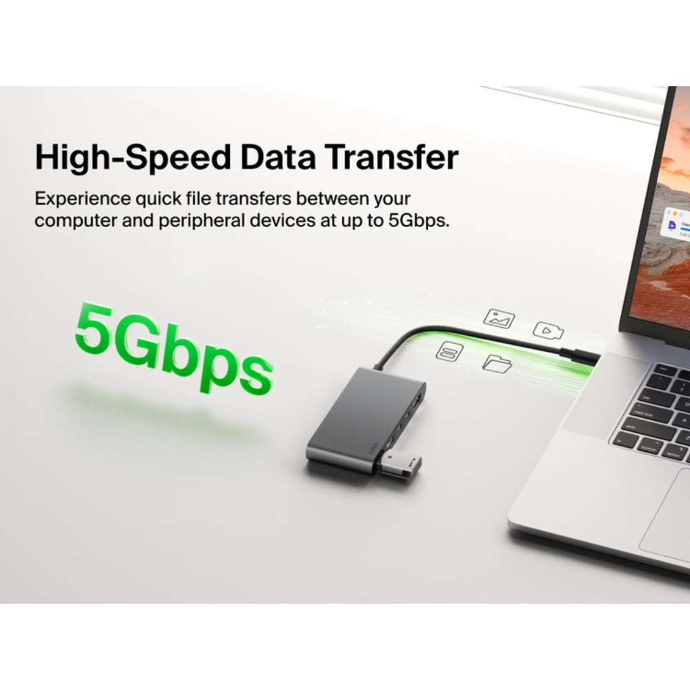 Belkin USB C Hub, 5-Port Hub w/ 4K HDMI Display @ 60Hz, 100W Power Delivery, Fast Data Transfer 5Gbps, USB C Multiport Adapter for MacBook, iPad Pro, Chromebook, & More - Upgraded HDMI 2.0 - Grey