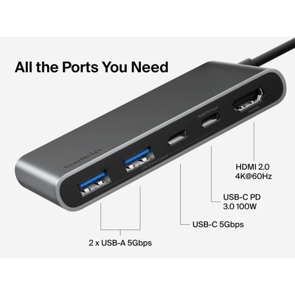 Belkin USB C Hub, 5-Port Hub w/ 4K HDMI Display @ 60Hz, 100W Power Delivery, Fast Data Transfer 5Gbps, USB C Multiport Adapter for MacBook, iPad Pro, Chromebook, & More - Upgraded HDMI 2.0 - Grey