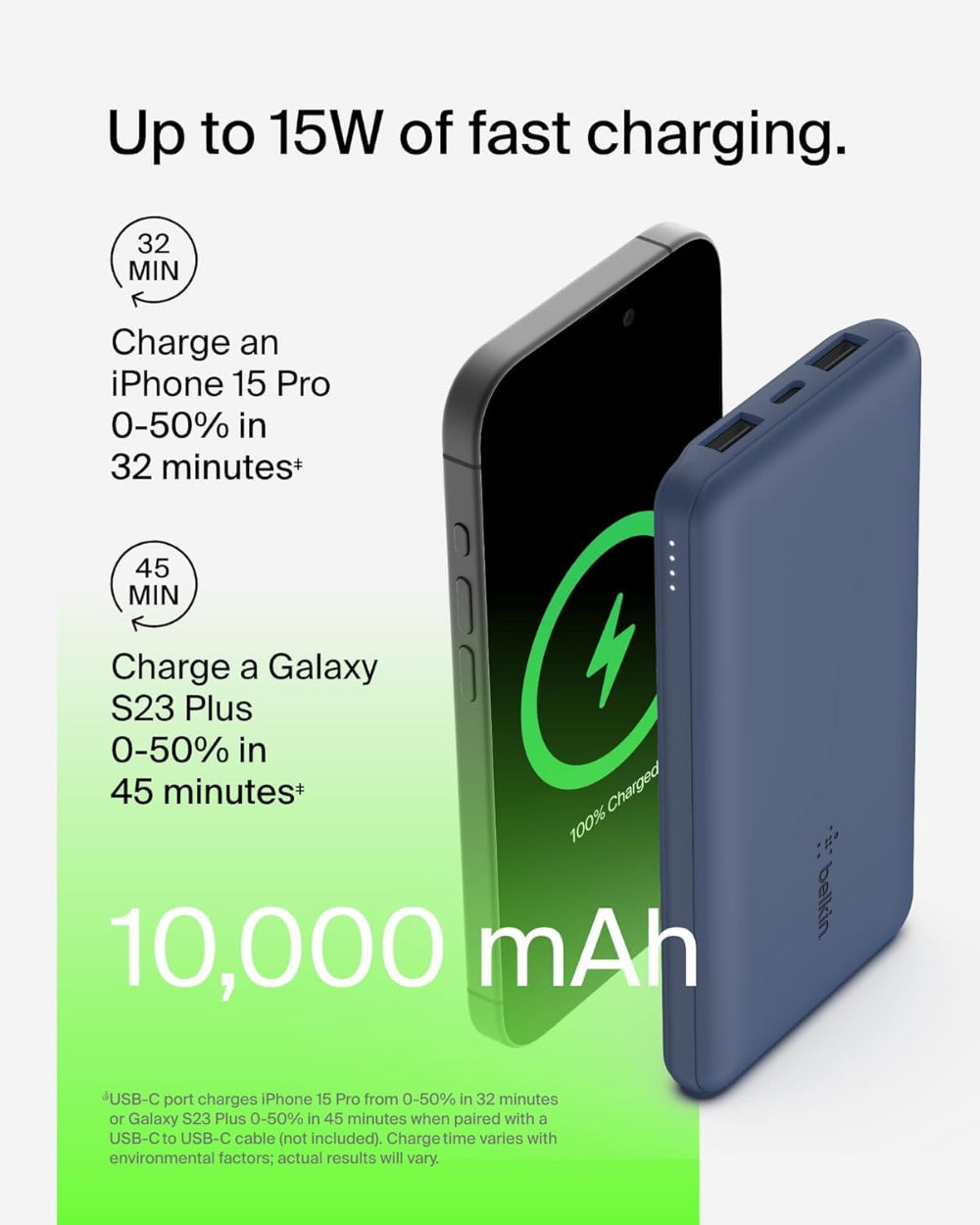 بنك طاقة بيلكين بوست تشارج بسعة 10000 مللي أمبير، شحن سريع بقوة 15 واط، منفذان USB-C، منفذان USB-A - أزرق