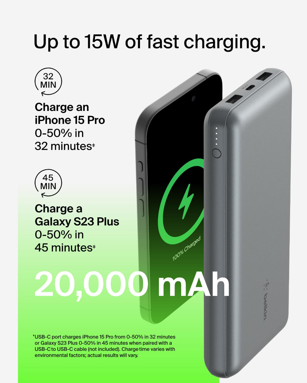 باور بانك بيلكين 20 كيلو أوم 15 واط، منفذ USB-C للإدخال، منفذ USB-A للإخراج، لون رمادي فلكي