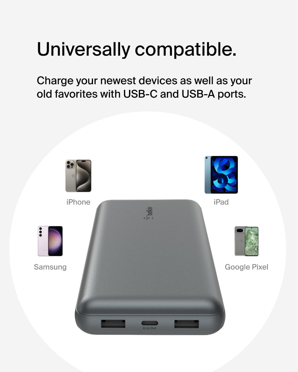 باور بانك بيلكين 20 كيلو أوم 15 واط، منفذ USB-C للإدخال، منفذ USB-A للإخراج، لون رمادي فلكي