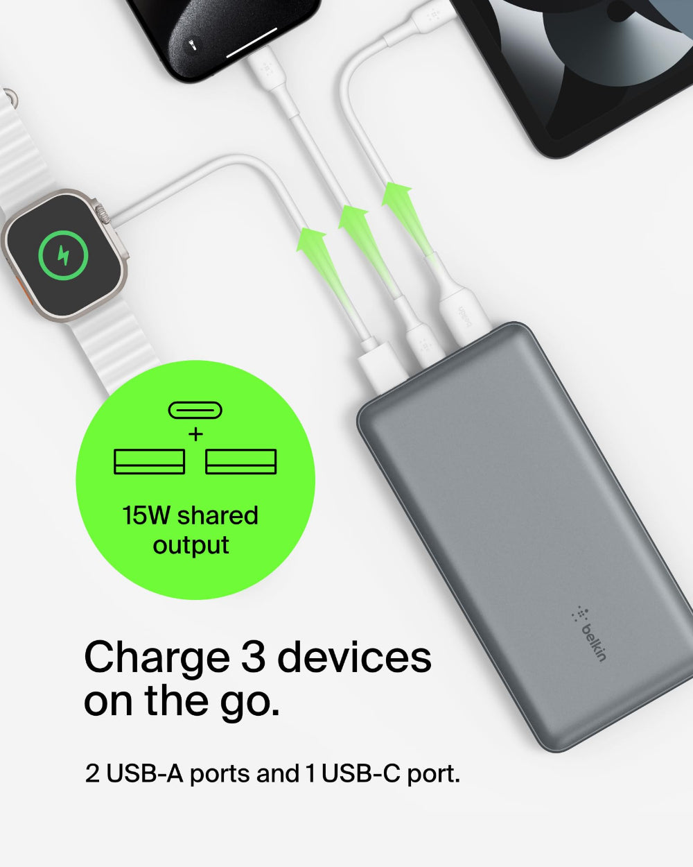 باور بانك بيلكين 20 كيلو أوم 15 واط، منفذ USB-C للإدخال، منفذ USB-A للإخراج، لون رمادي فلكي
