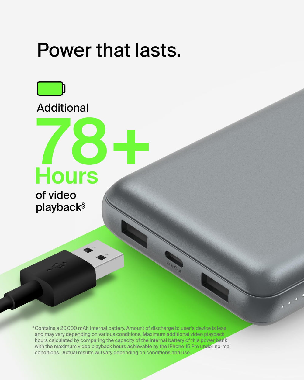 باور بانك بيلكين 20 كيلو أوم 15 واط، منفذ USB-C للإدخال، منفذ USB-A للإخراج، لون رمادي فلكي