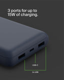 Belkin BOOSTCHARGE 20K Power Bank - Fast Charge 3 Ports (USB-C 1x, USB-A 2x) for Apple iPhone 14/13/12/11/XR/XS/X/8/7/6 Pro Max Plus Mini, iPad Pro/Air/Mini, Airpods & other USB-C Devices - Blue