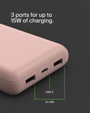باور بانك بيلكين بوست تشارج 20 ألف 15 واط، منفذ USB-C واحد ومنفذان USB-A - ذهبي وردي