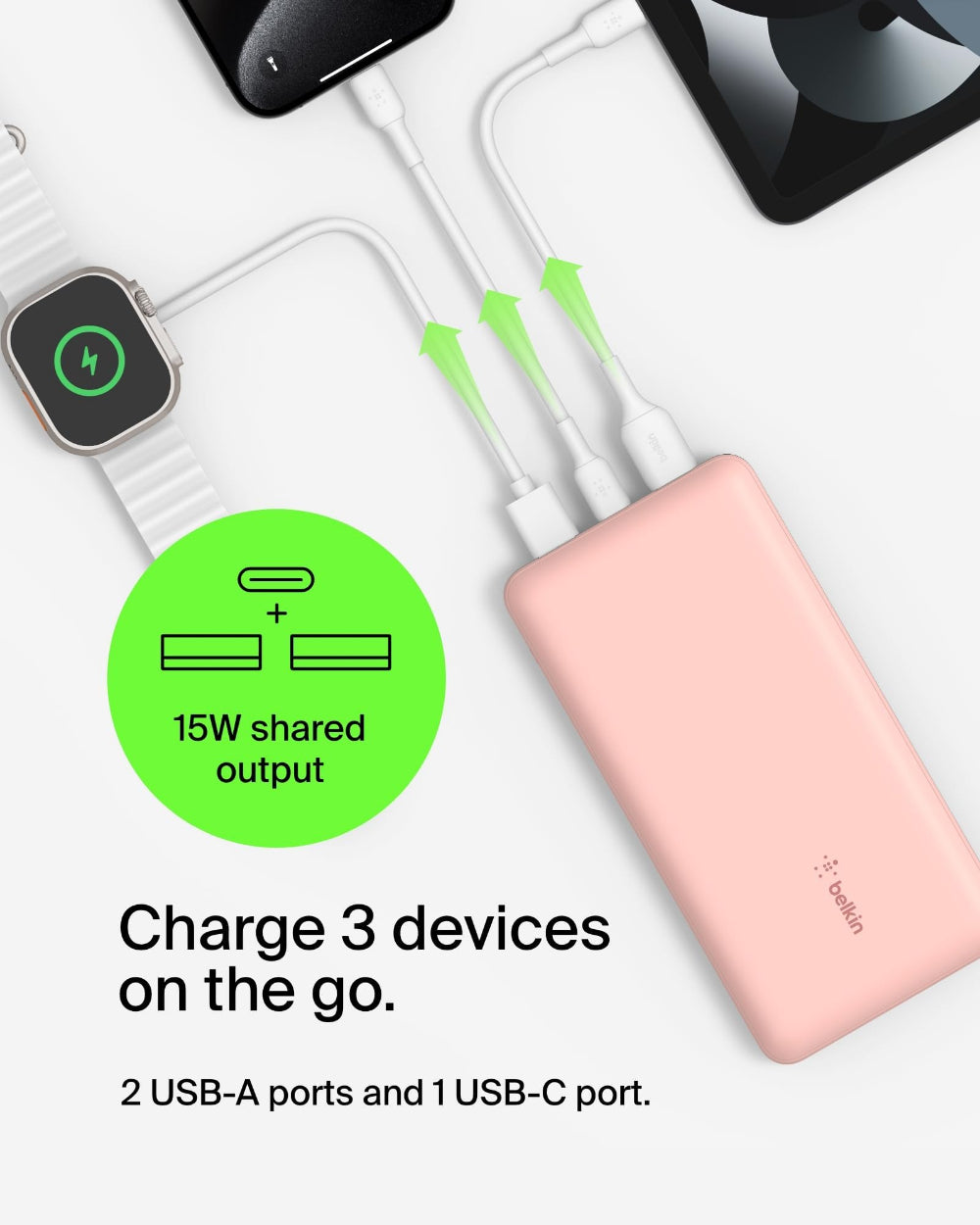 باور بانك بيلكين بوست تشارج 20 ألف 15 واط، منفذ USB-C واحد ومنفذان USB-A - ذهبي وردي